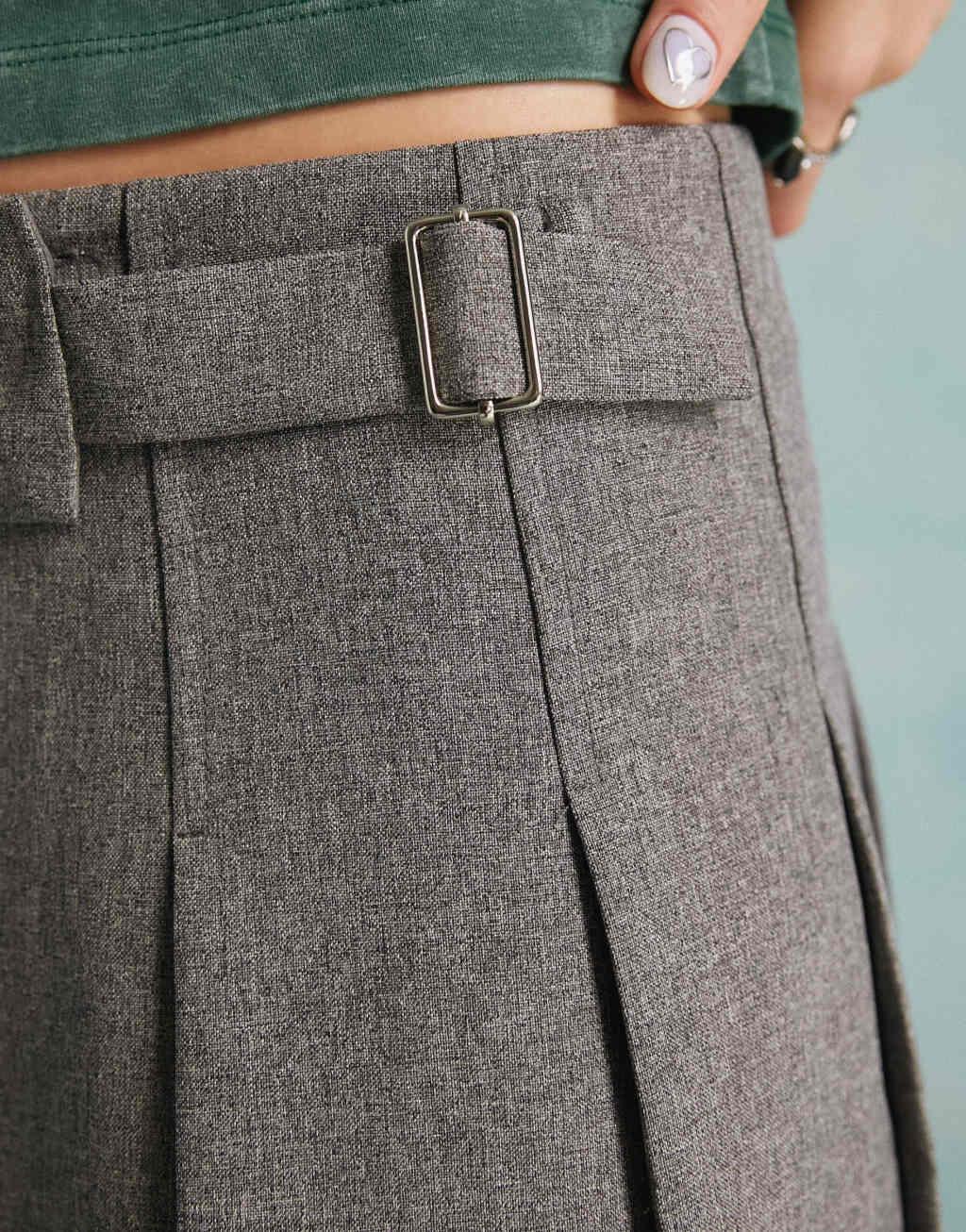 Miss Selfridge wrap over buckle pleated skirt in gray Product Image