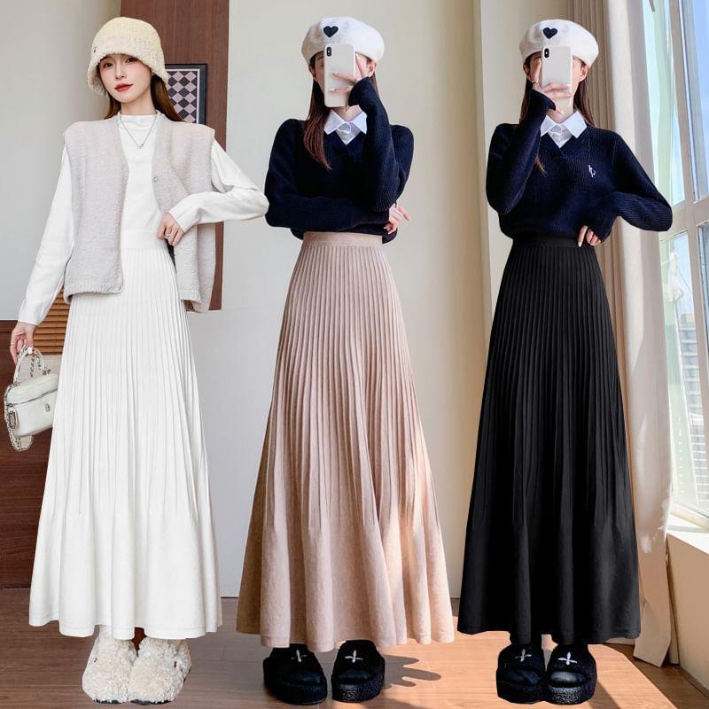 Elastic Waist Plain Midi A-Line Knit Skirt Product Image