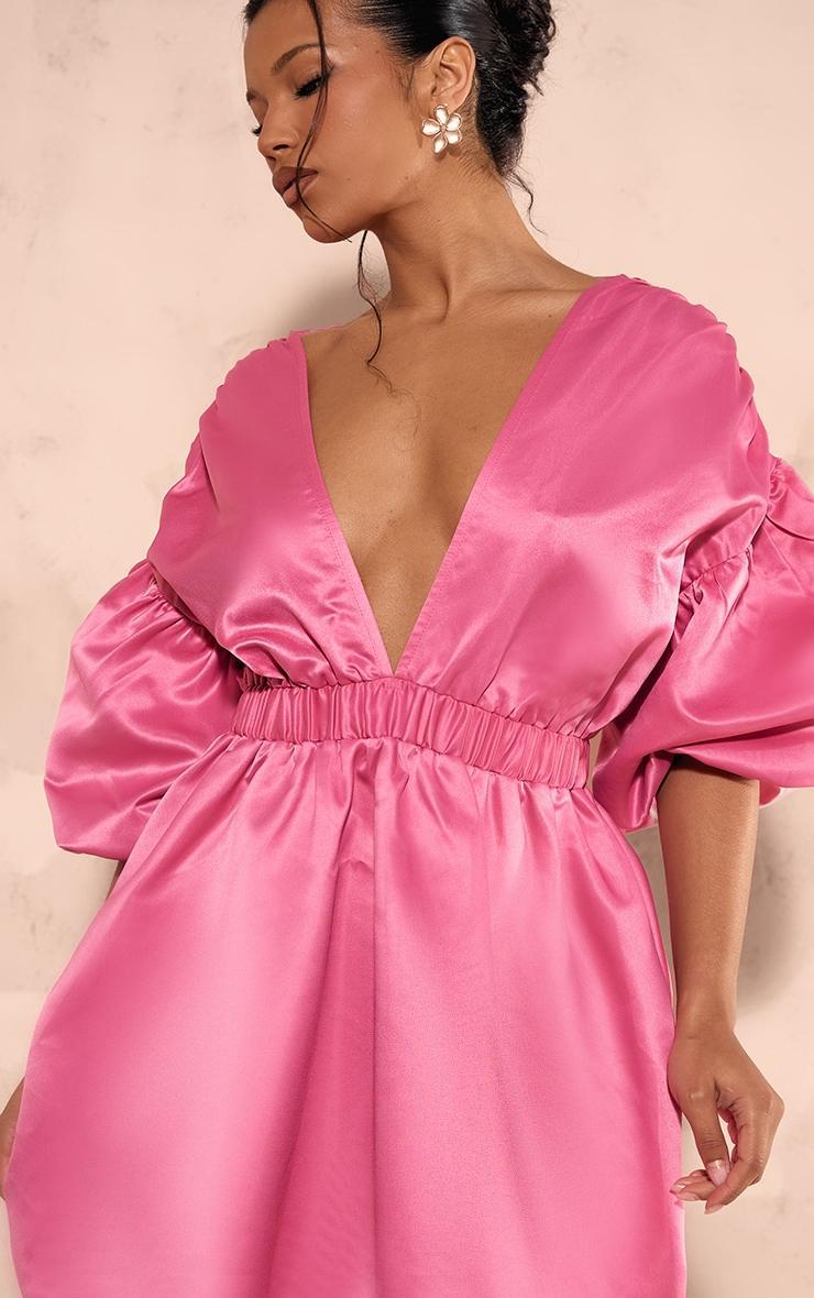 Bright Pink Puff Sleeve Puffball Hem Shift Dress Product Image