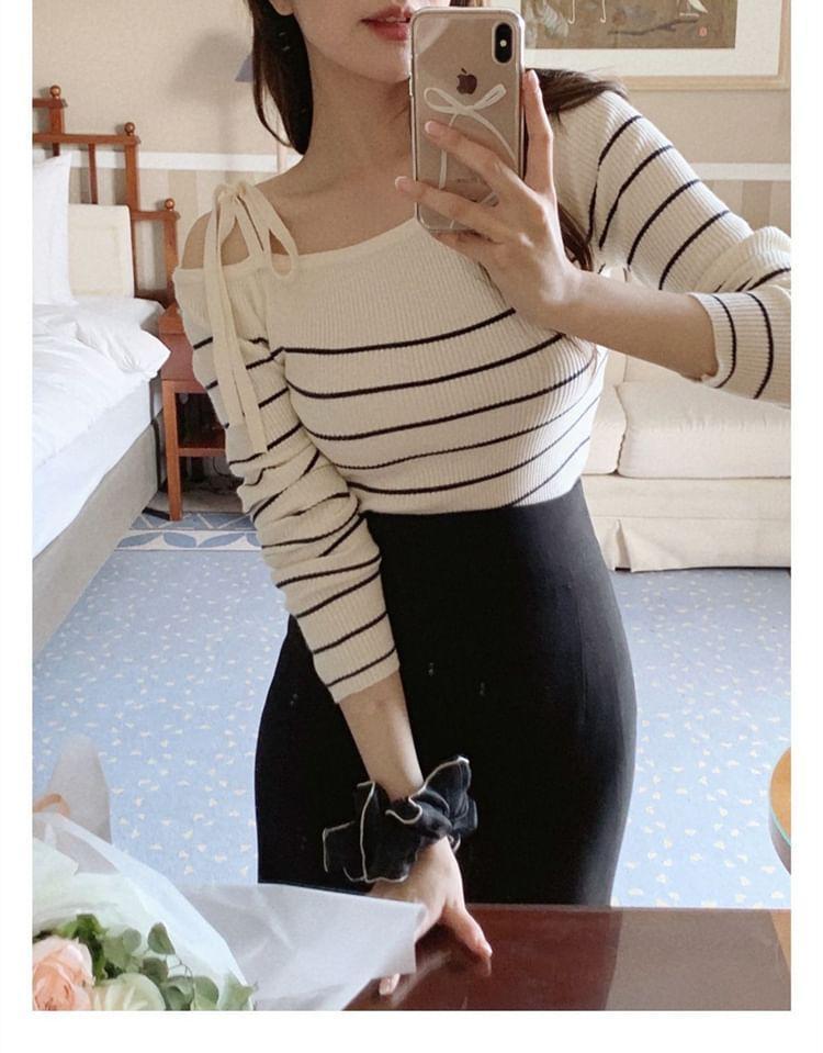 Long Sleeve Off Shoulder Bow Detail Striped Knit Top Product Image