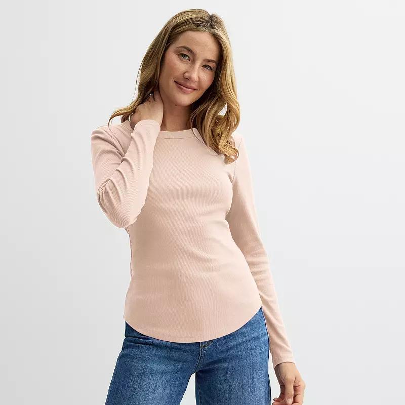 Womens Sonoma Goods For Life Rib Slim Fit Long Sleeve Tee Fantasy Pink Product Image