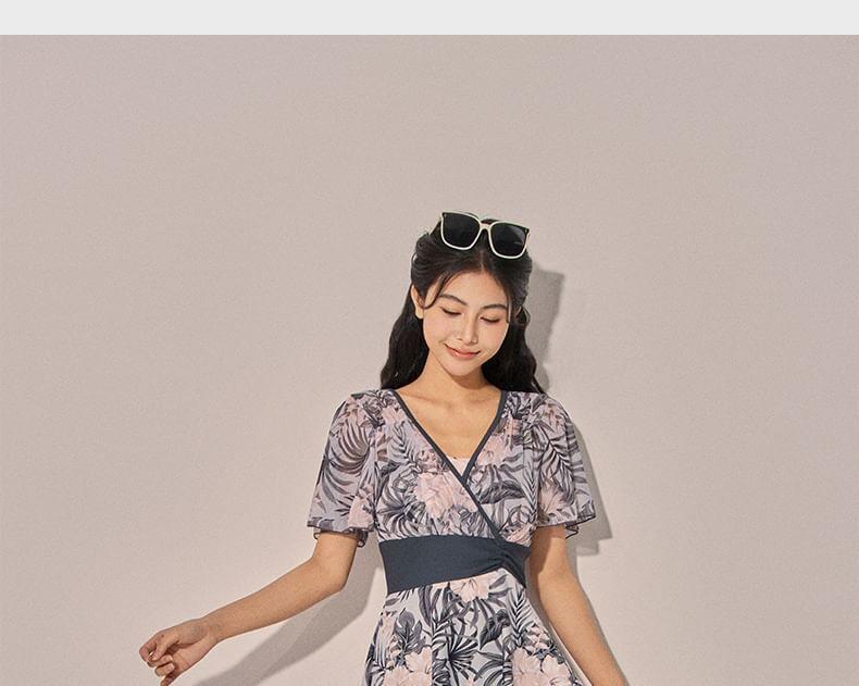 Short-Sleeve V-Neck Floral Swim Dress Product Image