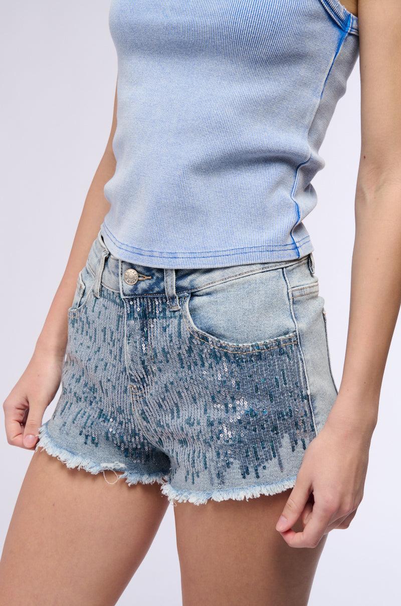 SPARKLE AND SHINE DISTRESSED DENIM SEQUIN SHORT Product Image