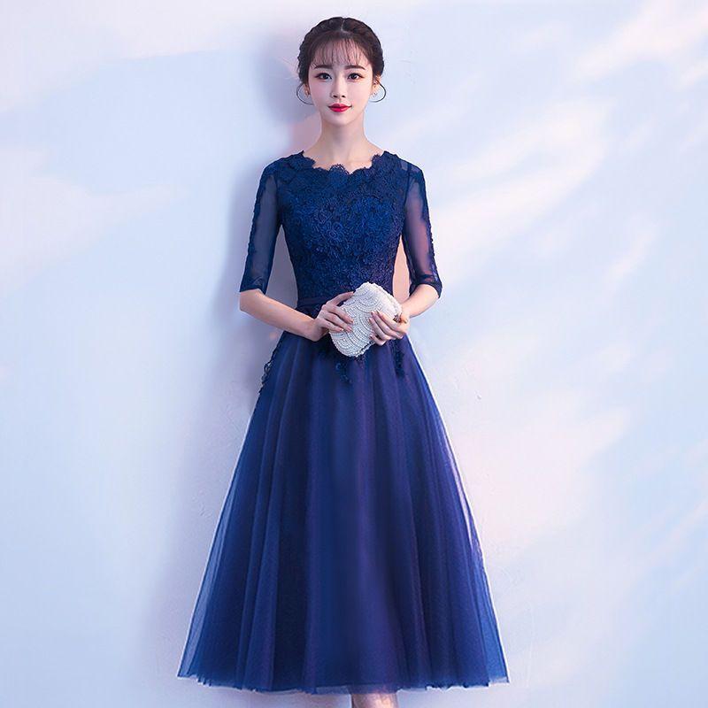 Embroidered Elbow-Sleeve A-Line Cocktail Dress Product Image