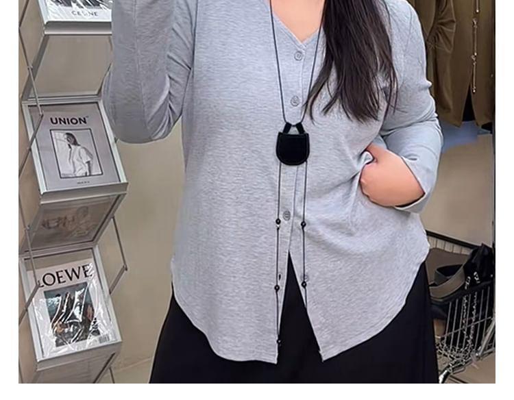 V-Neck Plain Button-Up Cardigan Product Image