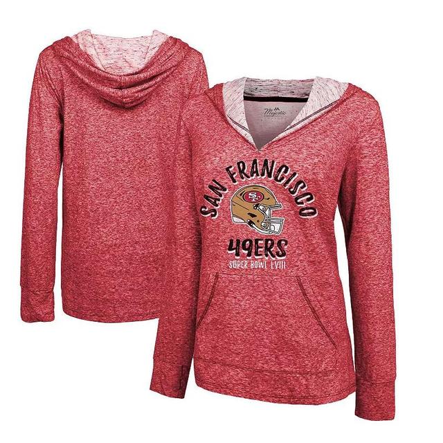 Womens Majestic Threads Scarlet San Francisco 49ers Super Bowl LVIII Victory Slub V-Neck Pullover Hoodie Product Image