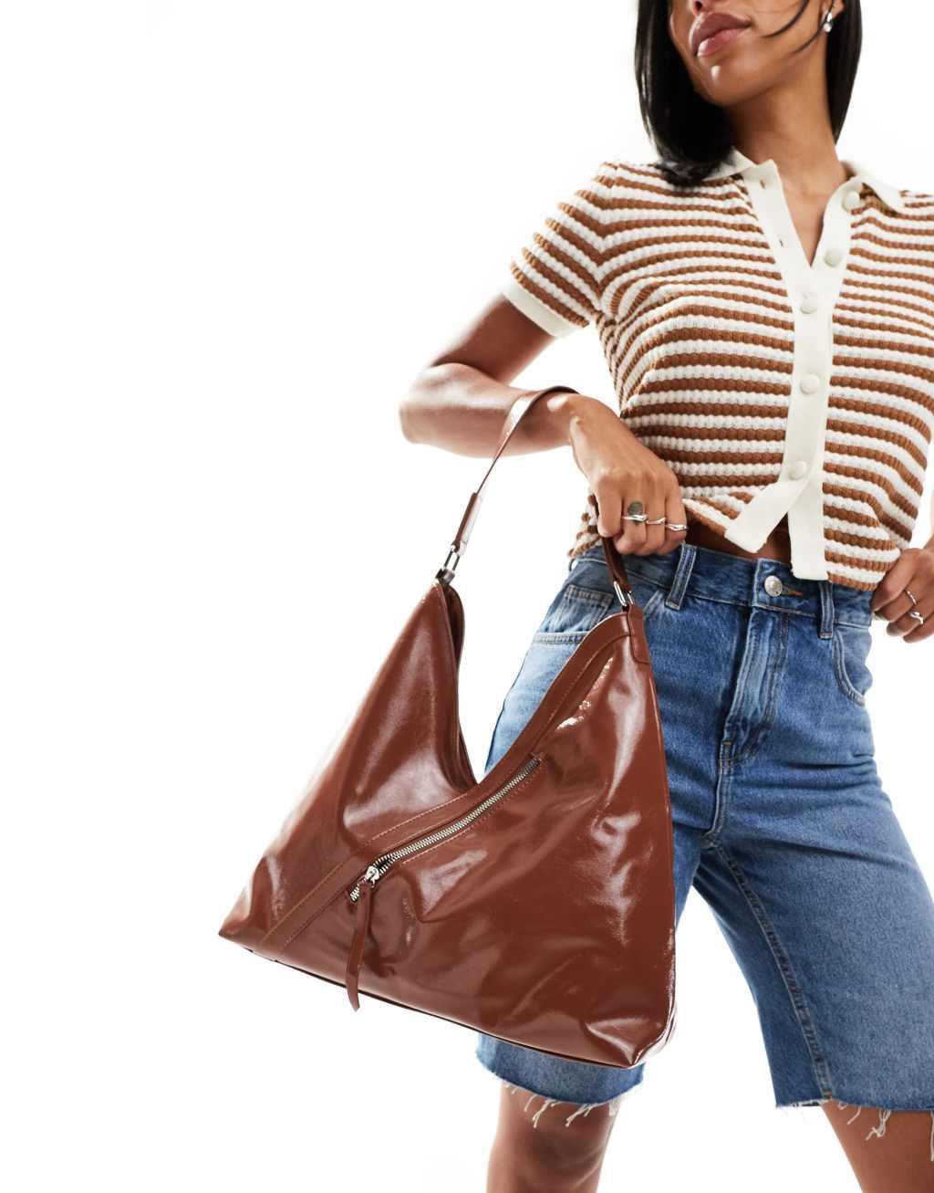 Glamorous asymmetric zip detail tote bag in chocolate brown Product Image