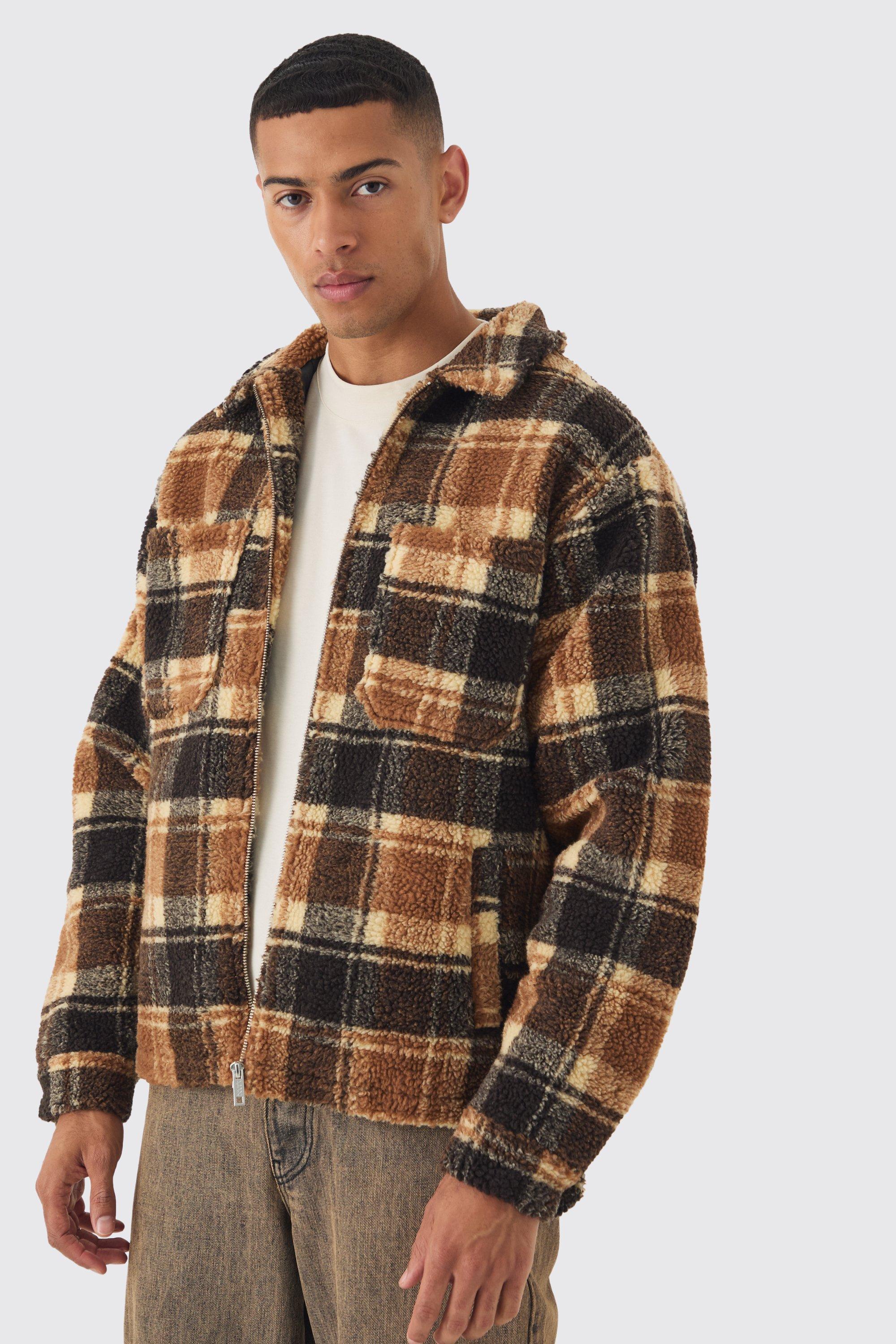 Borg Plaid Harrington Jacket In Brown | boohooMAN USA product image