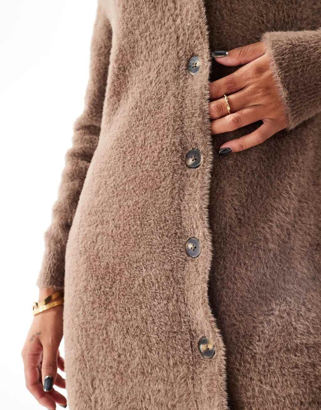 Aria Cove fluffy collar detail knitted maxi cardigan dress in mid brown Product Image