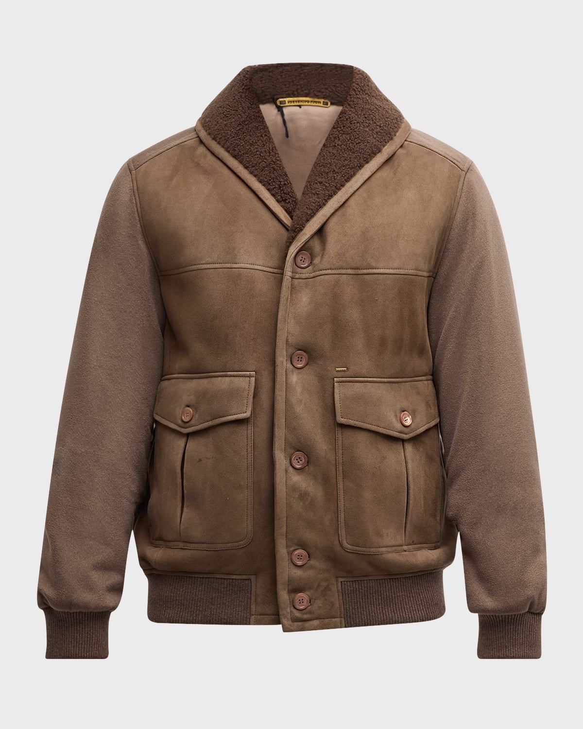 Mens Shearling-Lined Shawl Collar Bomber Jacket Product Image