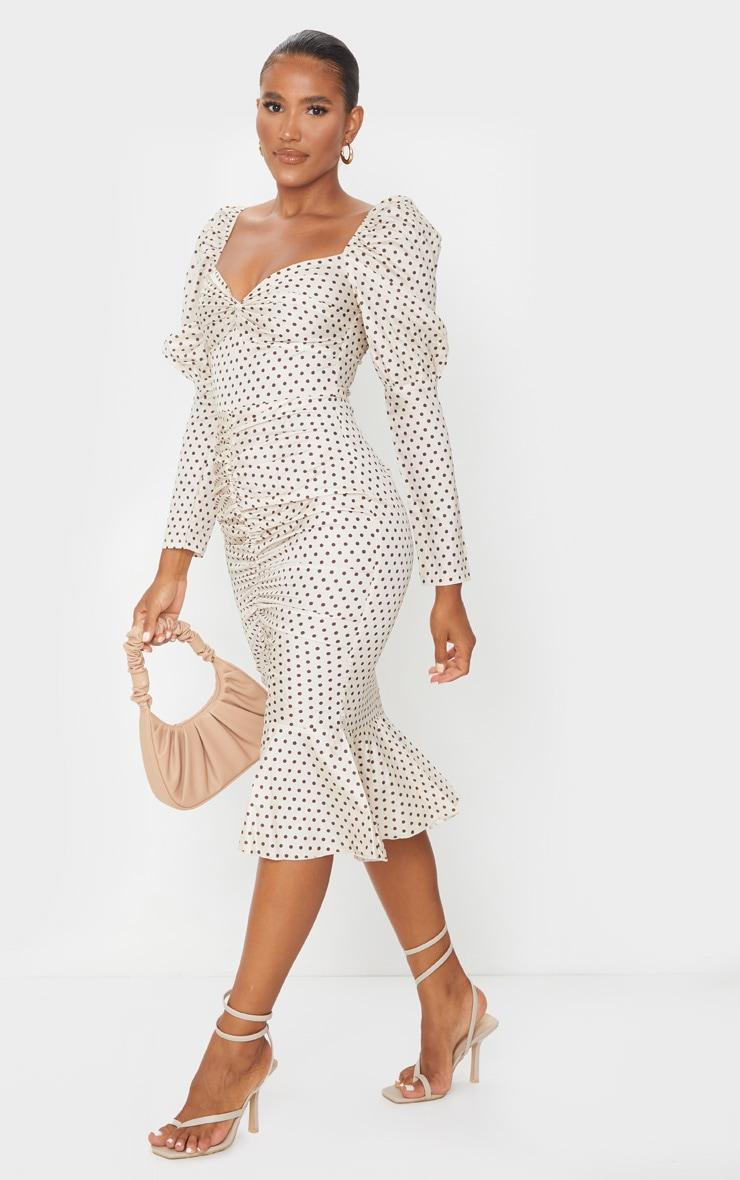 Nude Polka Dot Puff Sleeve Ruched Detail Frill Hem Midi Dress Product Image