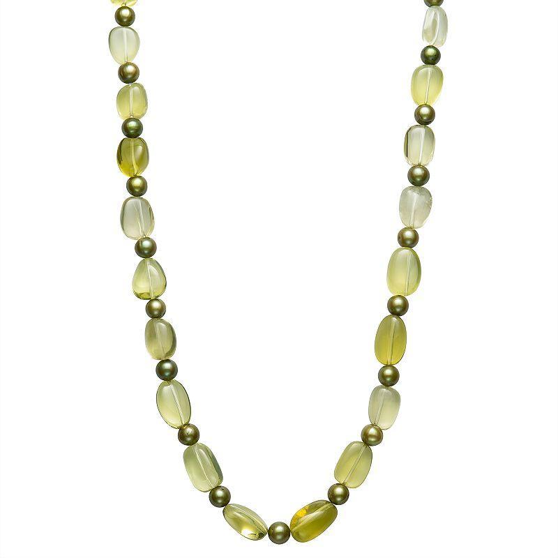 Sterling Silver Green Freshwater Pearl & Baroque Lemon Quartz Necklace, Womens Yellow Product Image