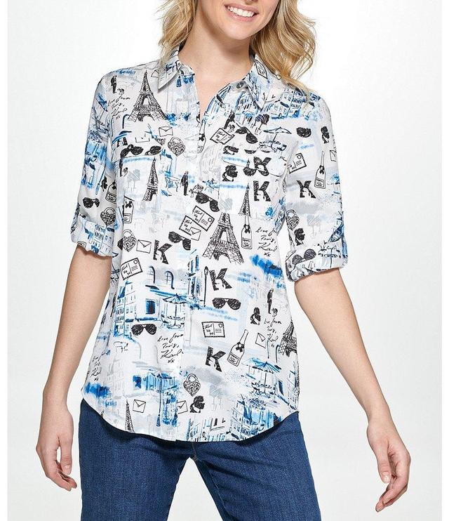 KARL LAGERFELD PARIS Printed Long Roll-Tab Sleeve Point Collar Button Front Top Product Image