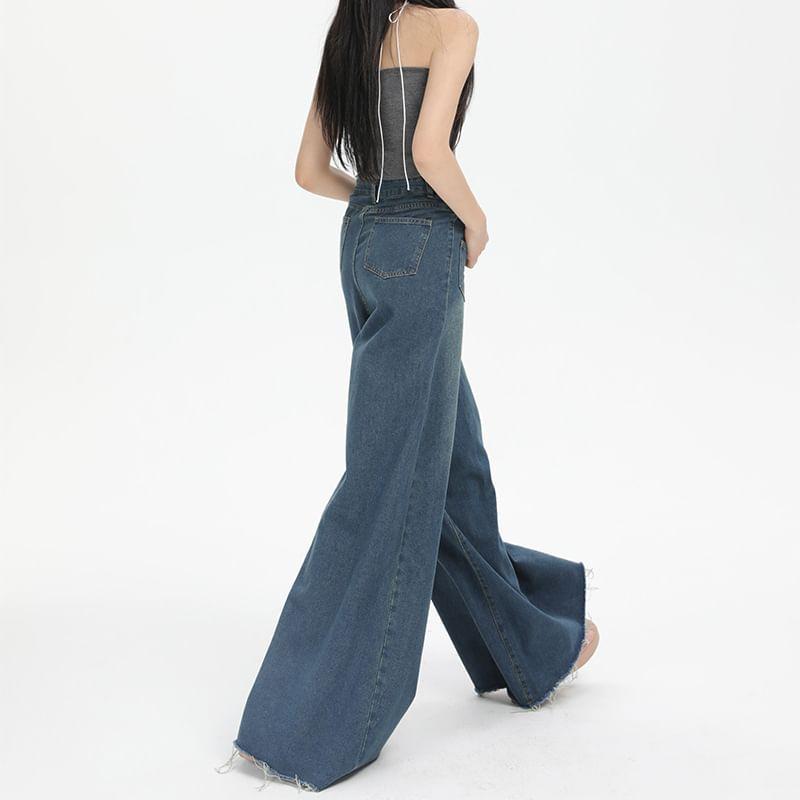 High Rise Washed Frayed Wide Leg Jeans (Various Designs) Product Image