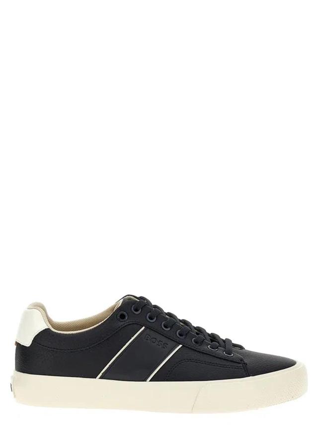 HUGO BOSS Faux-leather Trainers With Plain And Grained Textures In Blue Product Image