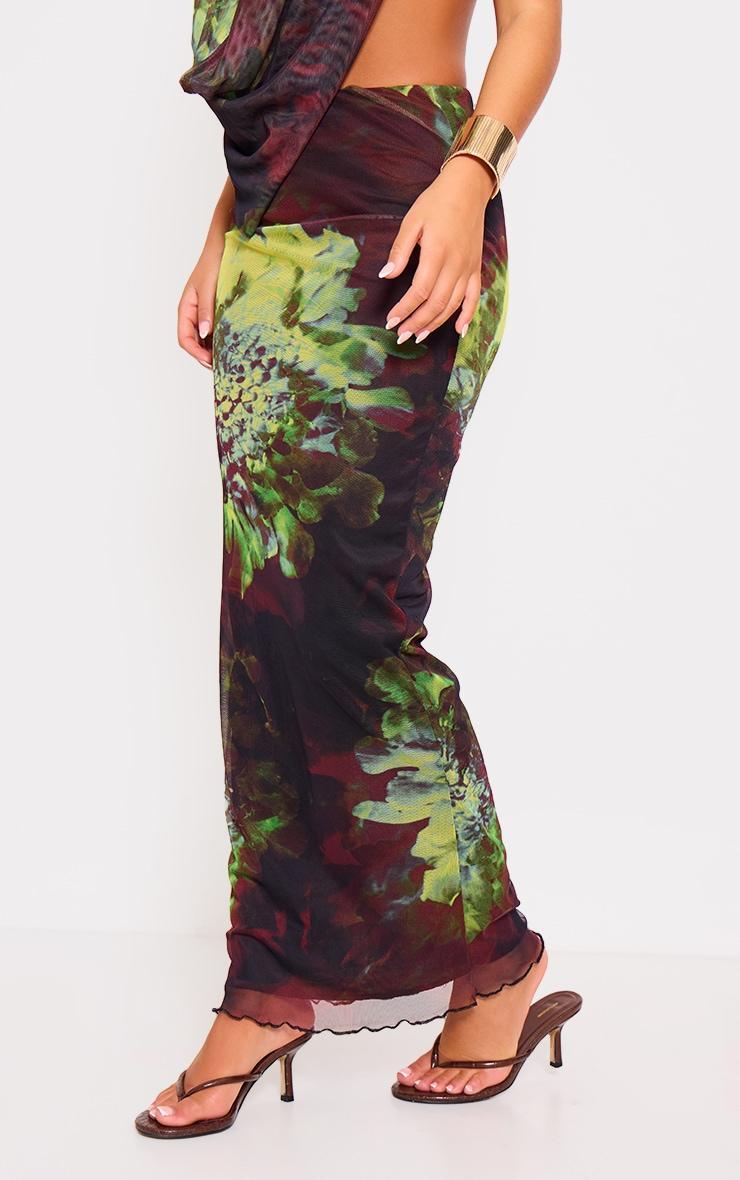 Purple Floral Print Mesh Low Rise Maxi Skirt Product Image