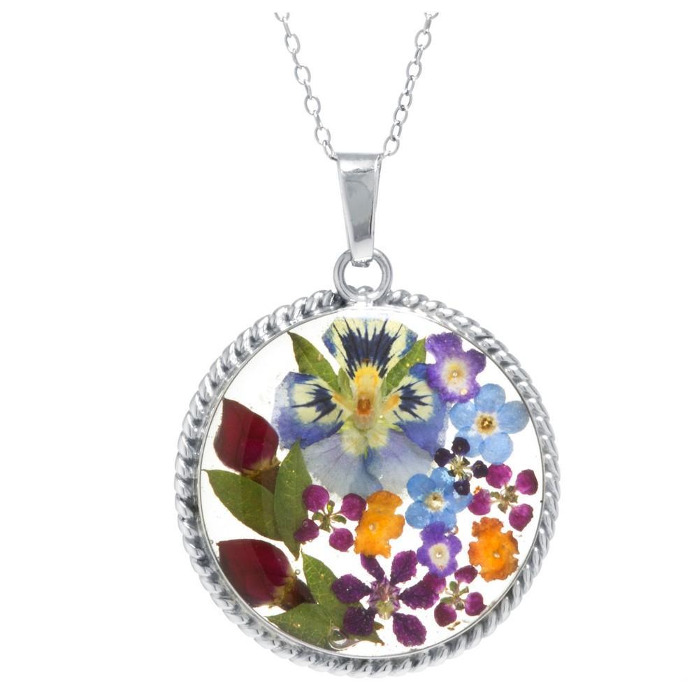 Sterling Silver Pressed Flower Circle Pendant Necklace, Womens Multicolor Product Image