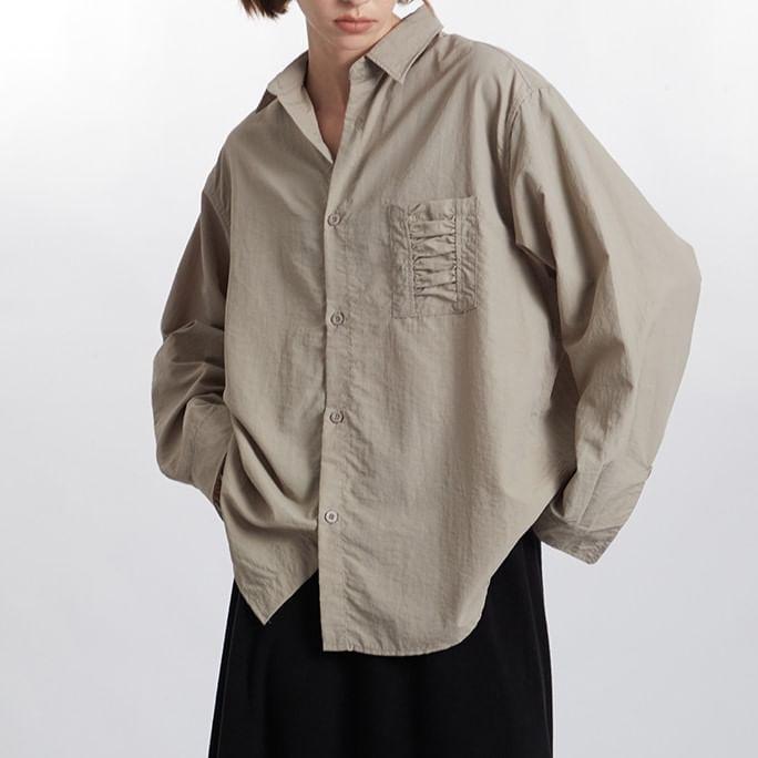 Long Sleeve Collared Plain Oversized Shirt Product Image