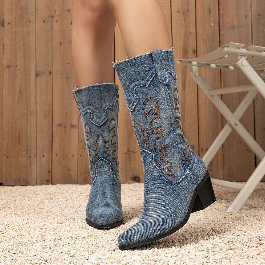 Embroidered Denim Chunky Heel Mid-Calf Boots Product Image