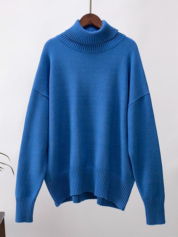 High-Low Long Sleeves Solid Color Split-Joint High Neck Sweater Tops Product Image