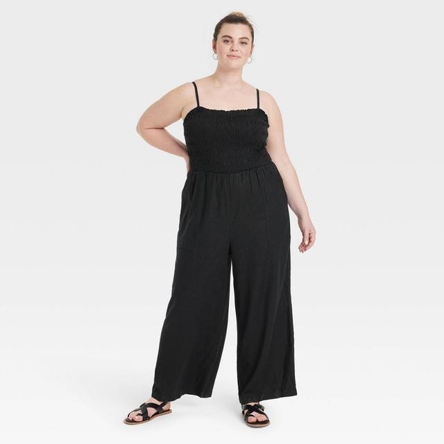 Womens Smocked Linen Maxi Jumpsuit - Universal Thread Black 2X Product Image