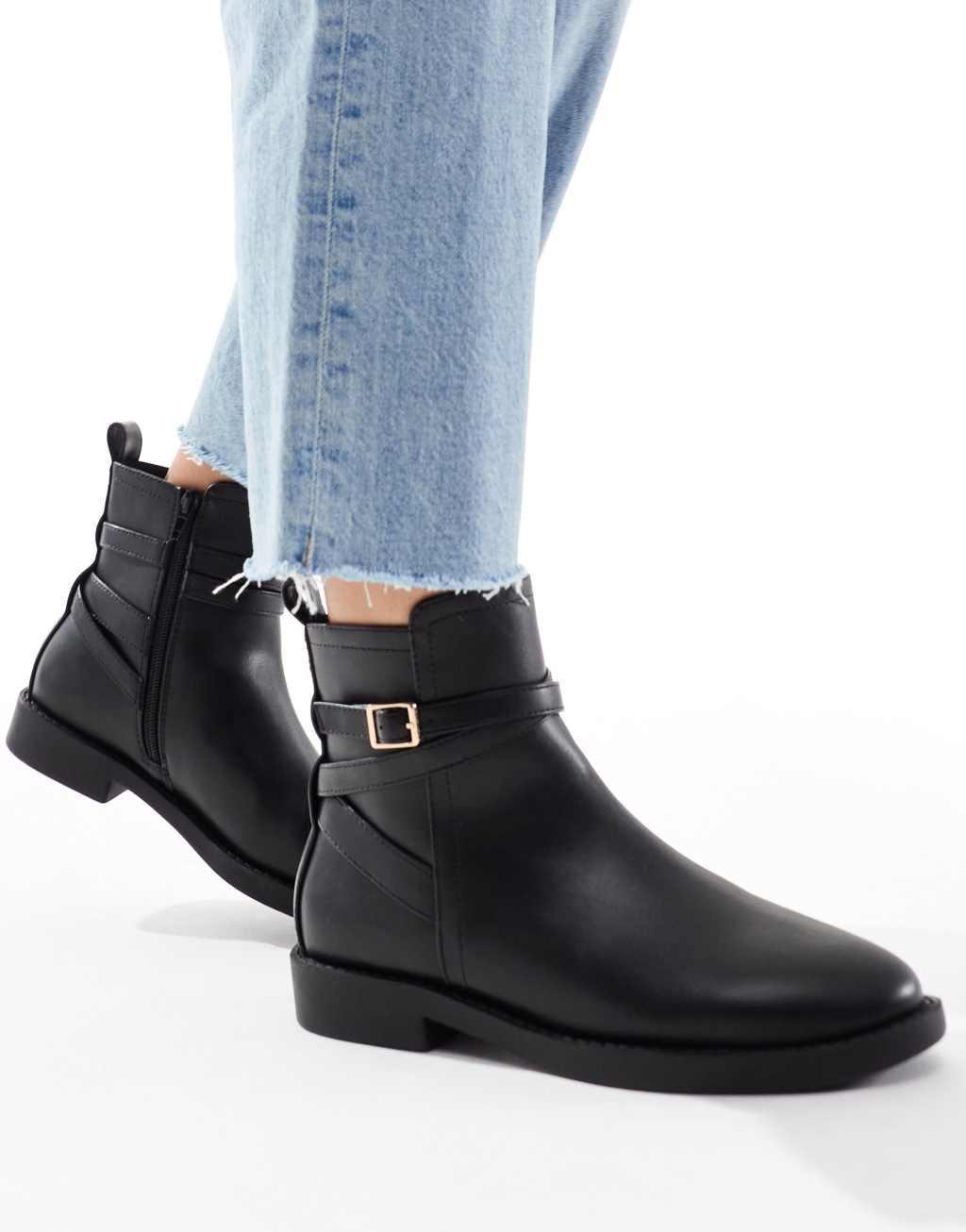 ASOS DESIGN Aria flat chelsea boots with buckle detail in black Product Image