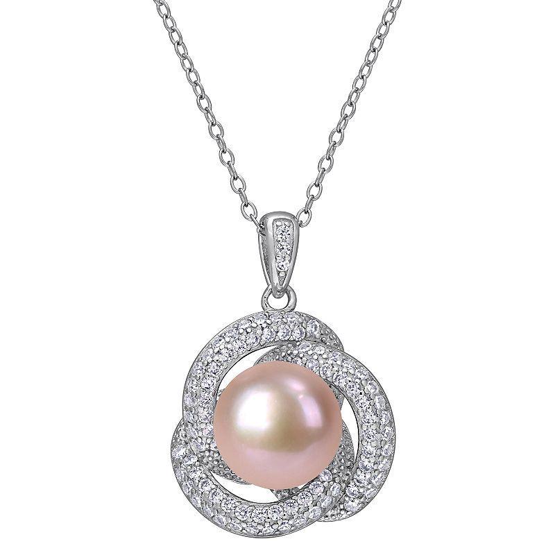 Stella Grace Sterling Silver Cubic Zirconia & Dyed Pink Freshwater Cultured Pearl Pendant, Womens Product Image