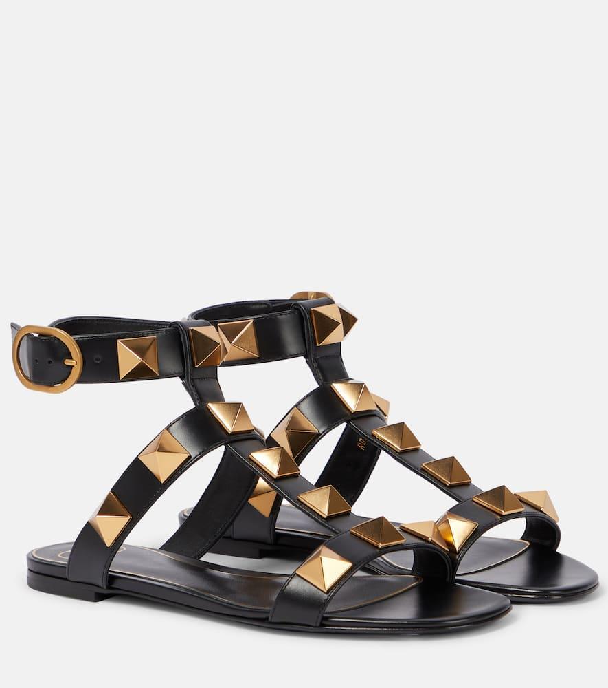 Roman Stud Flat Calfskin Sandal Woman Black 36 In Nero Product Image