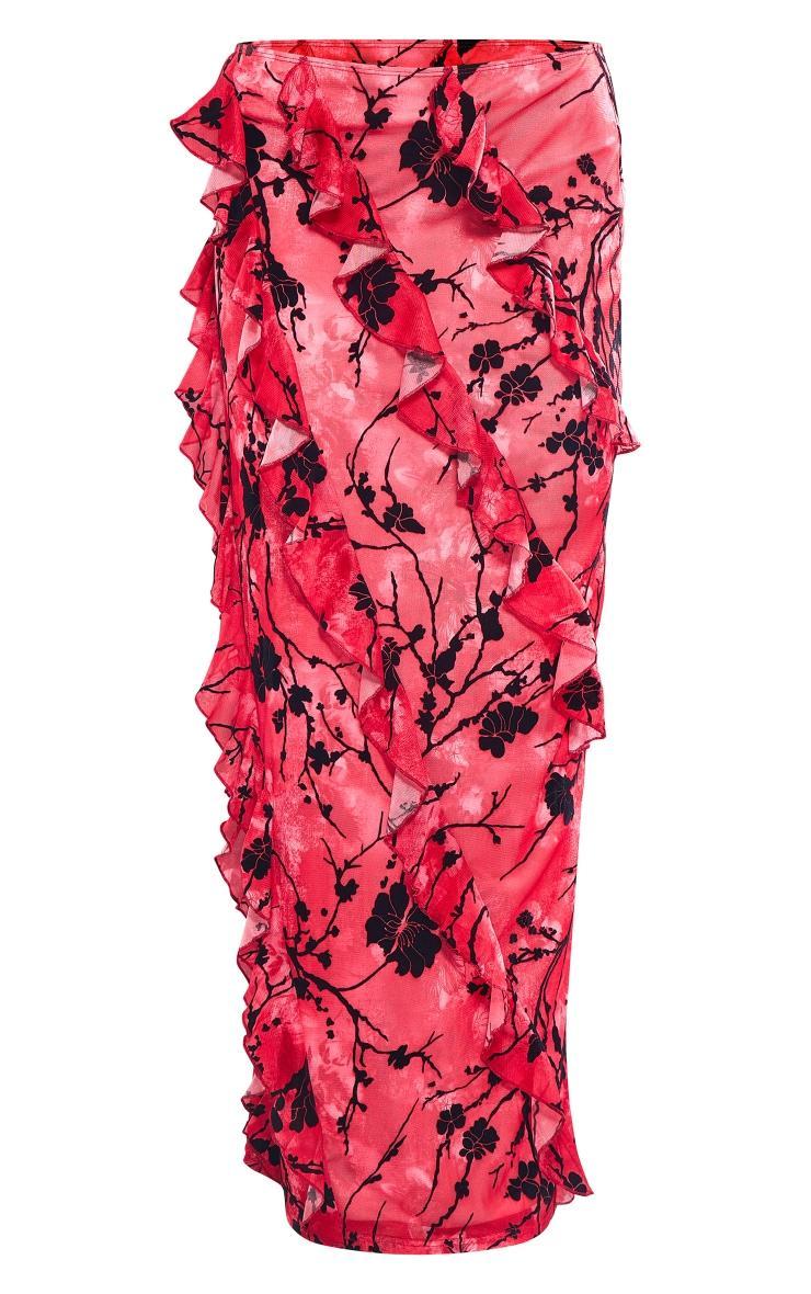 Red Floral Flocked Velvet Ruffle Front Maxi Skirt Product Image