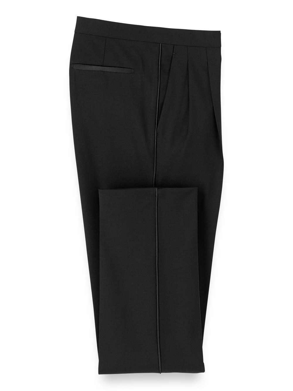 Wool Stretch Pleated Tuxedo Pants - Black Product Image