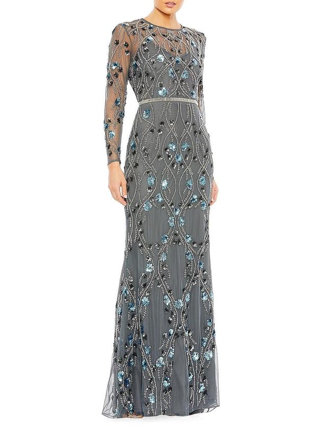 Womens Floral Embellished Long-Sleeve Gown Product Image