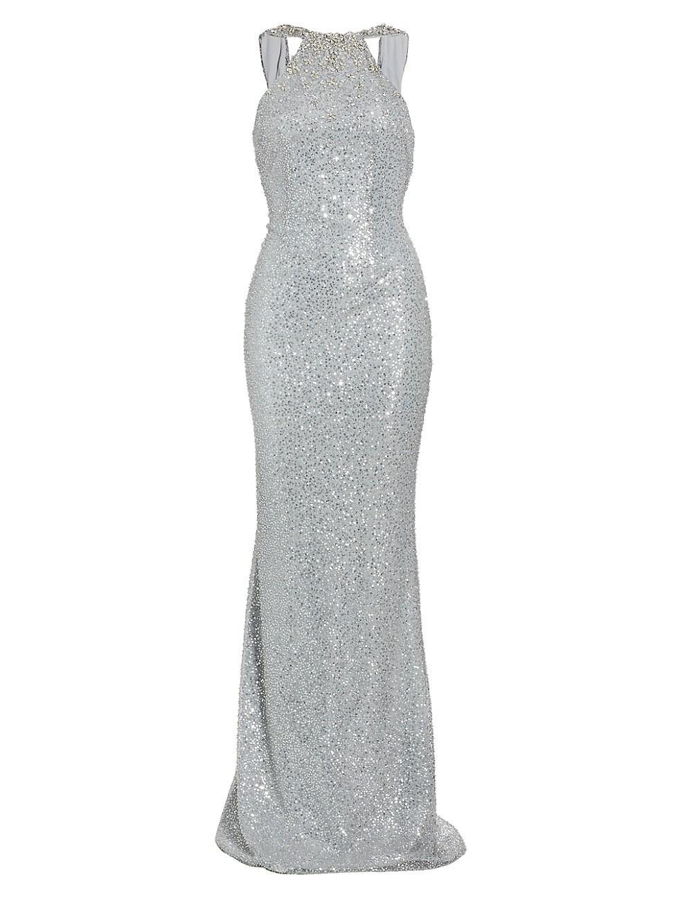 Womens Beaded Sequin Cowl-Back Gown Product Image