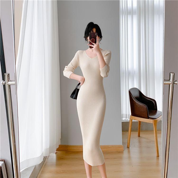 Long-Sleeve V-Neck Plain Ribbed Midi Sheath Knit Dress Product Image