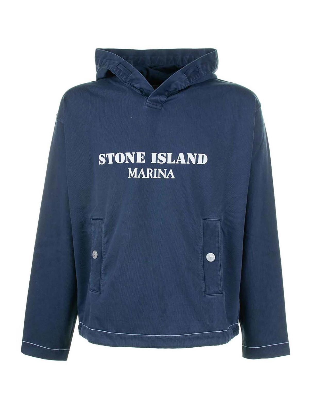 STONE ISLAND Blue Sweatshirt With Hood And Logo Writing Product Image