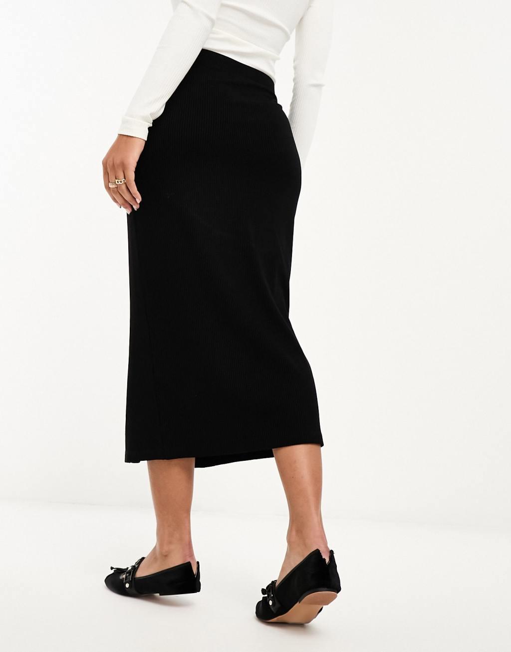 ASOS DESIGN ribbed midi skirt with horn buttons in black Product Image