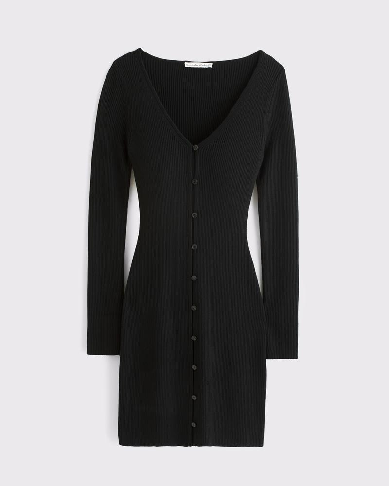 Long-Sleeve Deep-V Mini Sweater Dress Product Image