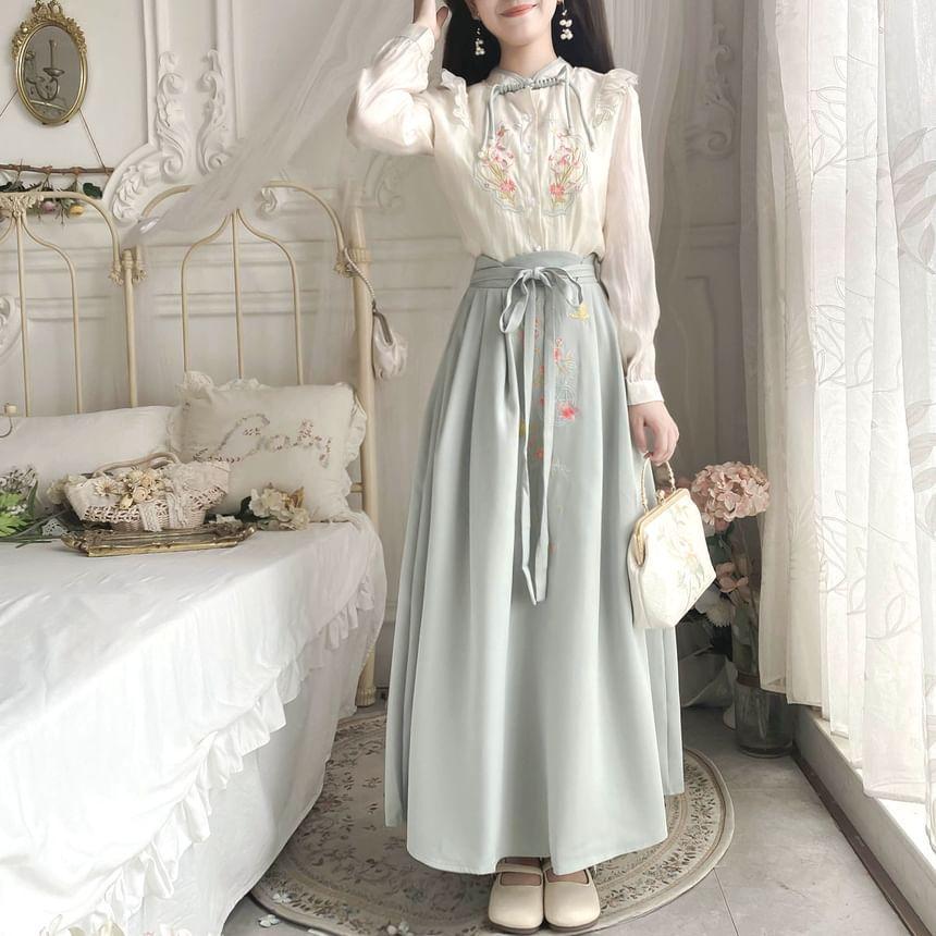 Set: Long-Sleeve Floral Embroidered Frog Button Blouse + High Rise Midi A-Line Skirt Product Image