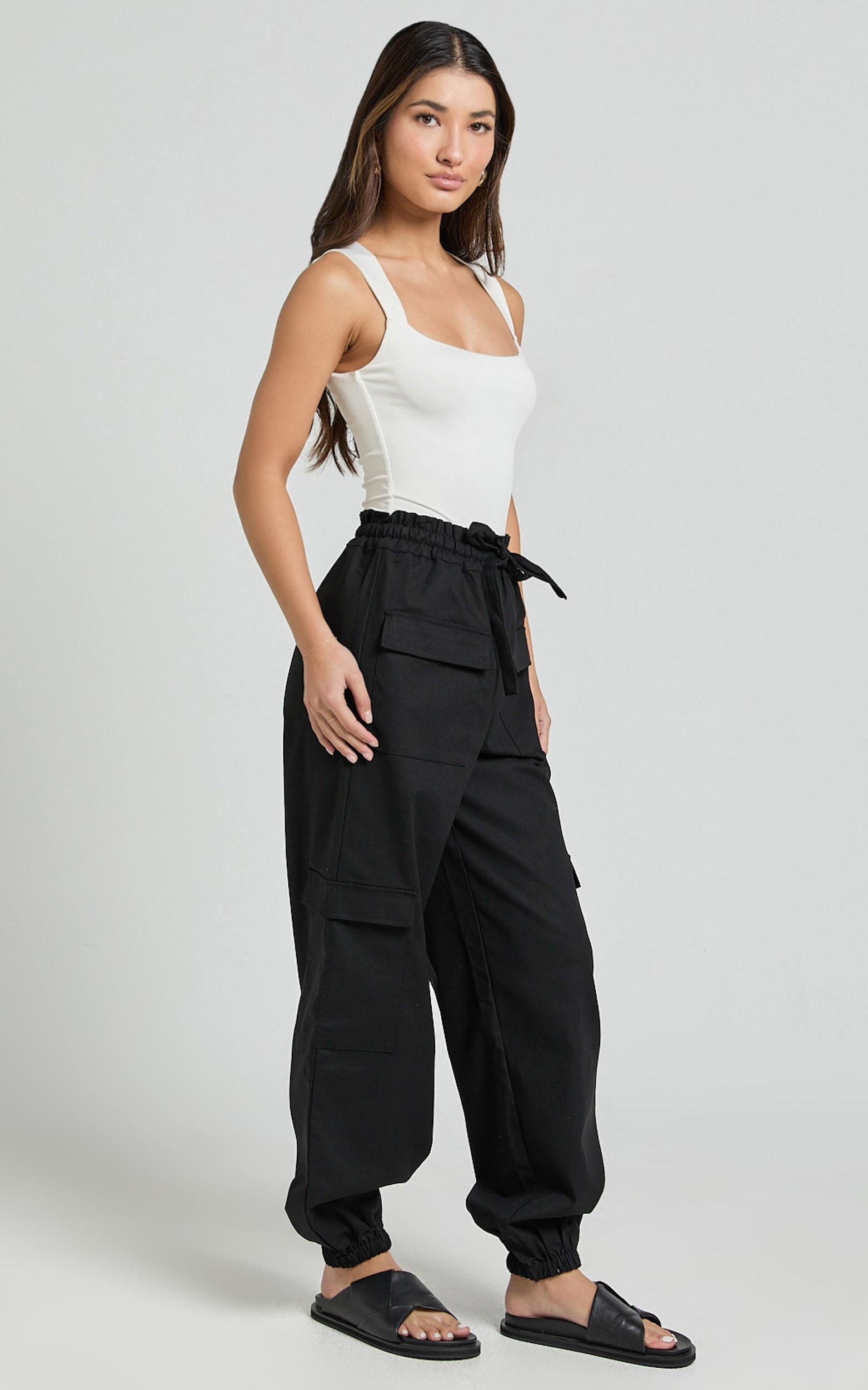 Simpson Pants - Linen Look Tie Waist Pocket Detail Cargo Pants in Black Product Image