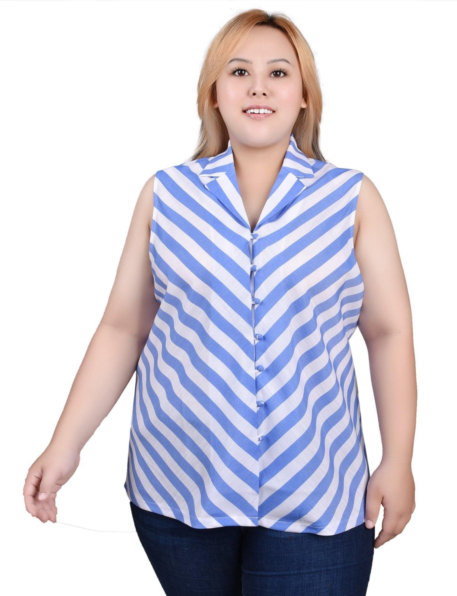 NY Collection Sleeveless Collared Chevron Striped Blouse - Plus Product Image