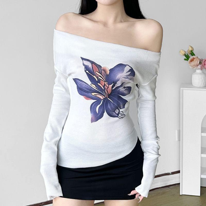 Long-Sleeve Off Shoulder Floral Print Top Product Image