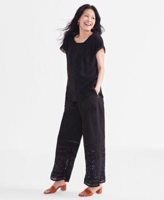 Style Co Womens Scoop Neck Crochet Trim Dolman Top Cotton Crochet Wide Leg Pull On Pants Created For Macys Product Image