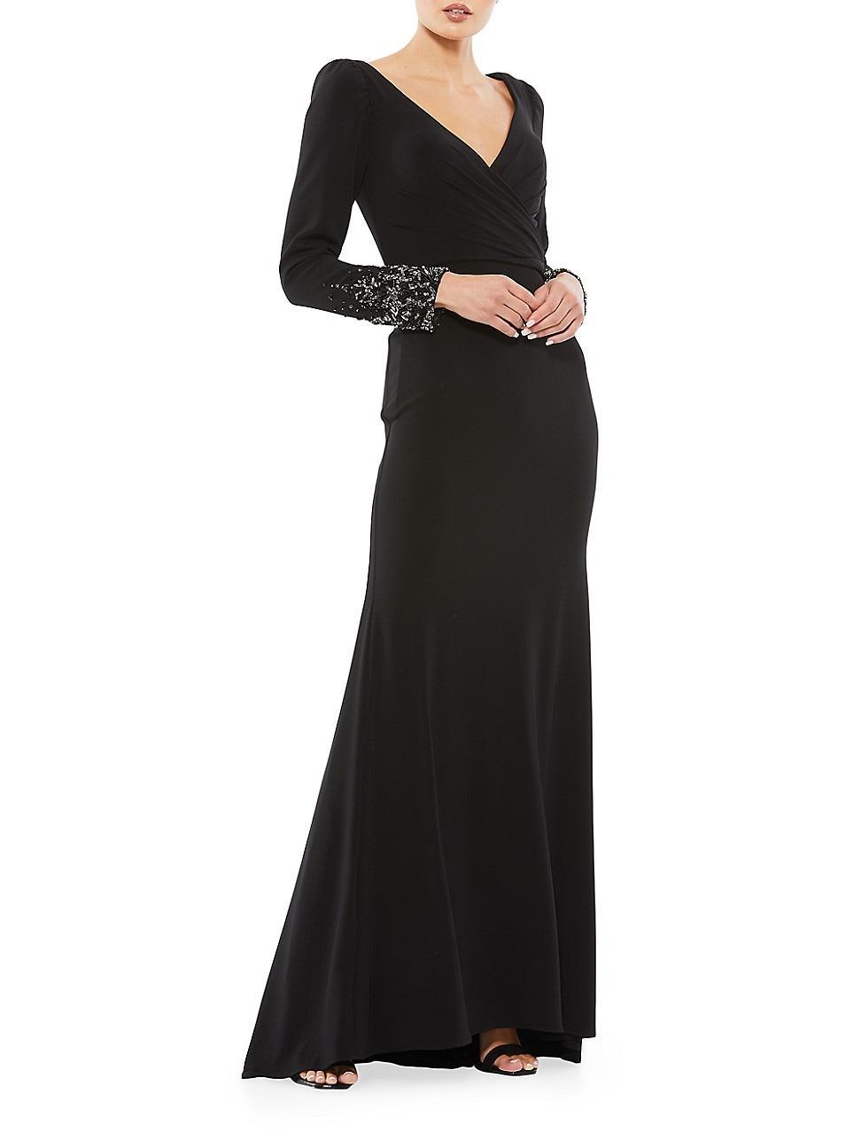 Mac Duggal Beaded Cuff Long Sleeve Wrap Front Gown Product Image