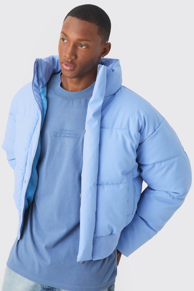 Boxy Matte Pu Funnel Neck Puffer In Blue | boohooMAN USA Product Image