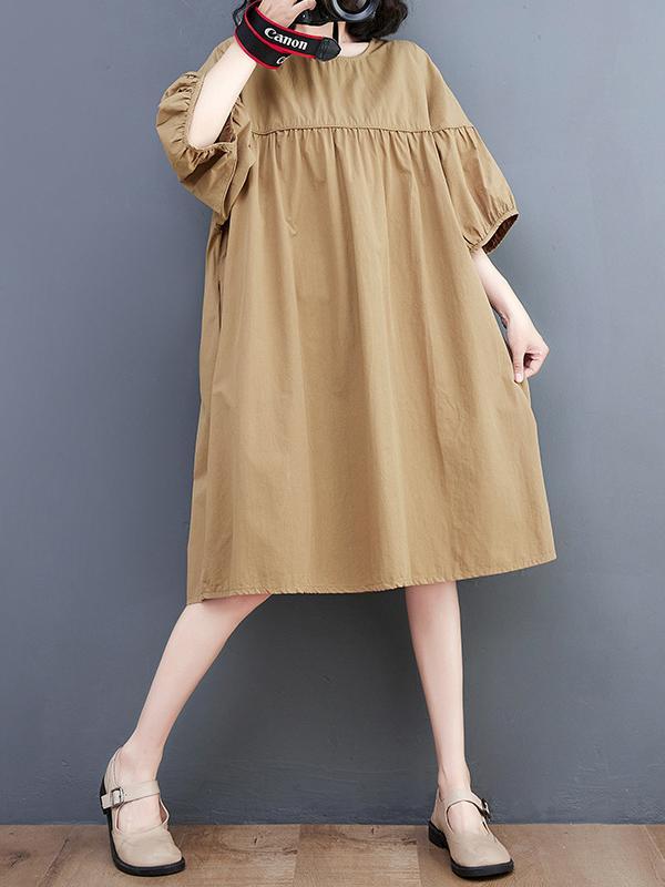 Loose Short Sleeves Solid Color Round-Neck Midi Dresses Product Image