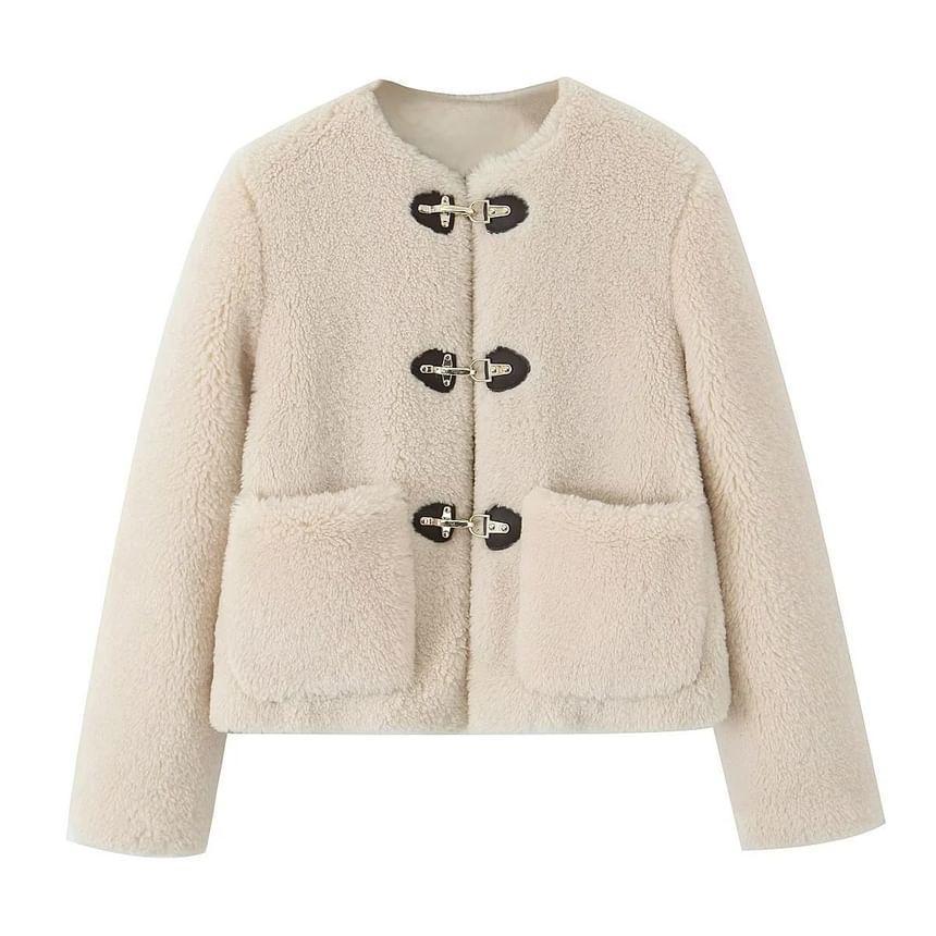 Collarless Plain Buckle Button Fleece Jacket Product Image