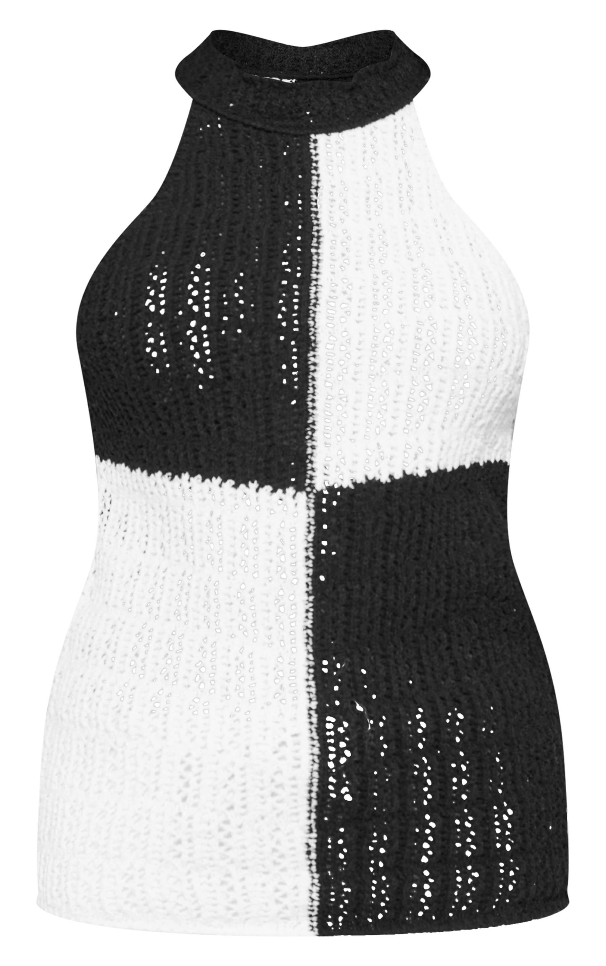 Monochrome High Neck Contrast Crochet Knit Top Product Image