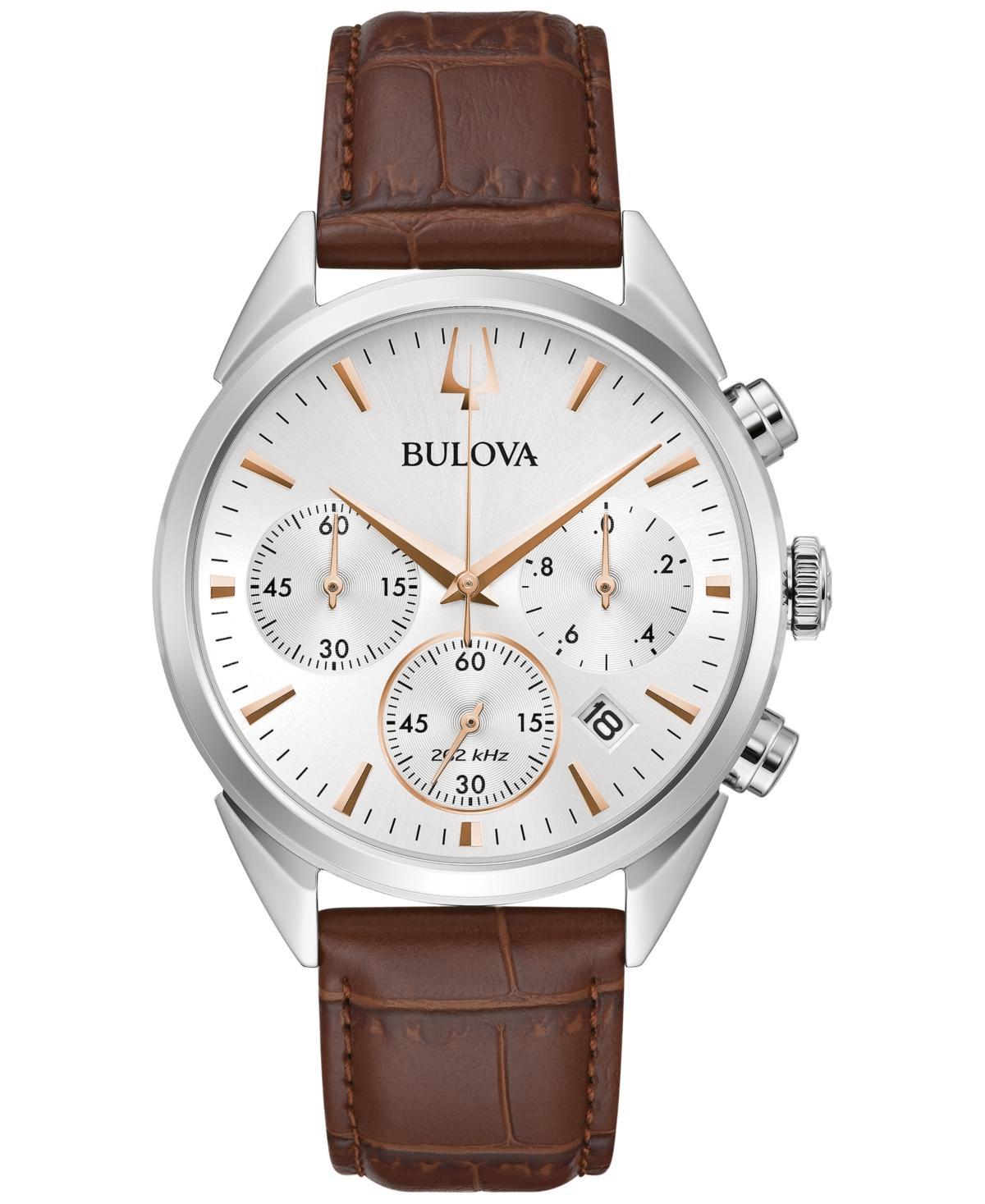 Bulova Mens Classic Sutton Stainless Steel Chronograph Brown Leather Strap Watch - 96B370 Product Image