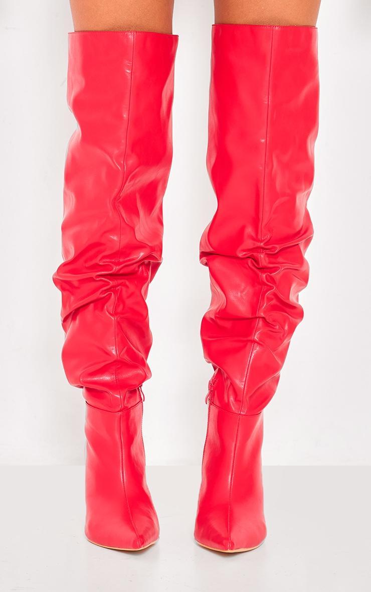 Red Wide Fit Pu Point Toe Over The Knee High Heeled Boots Product Image