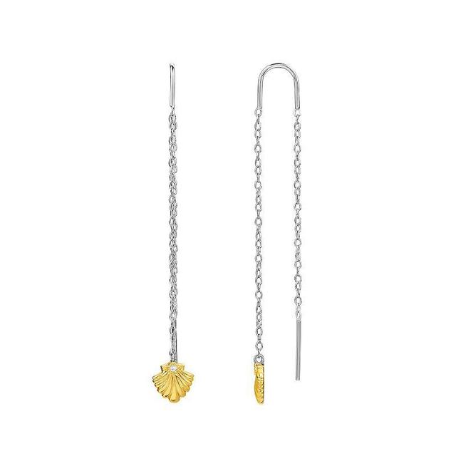 PRIMROSE Two Tone Sterling Silver Cubic Zirconia Seashell Threader Drop Earrings, Womens, Two Tone Yellow Gold Product Image