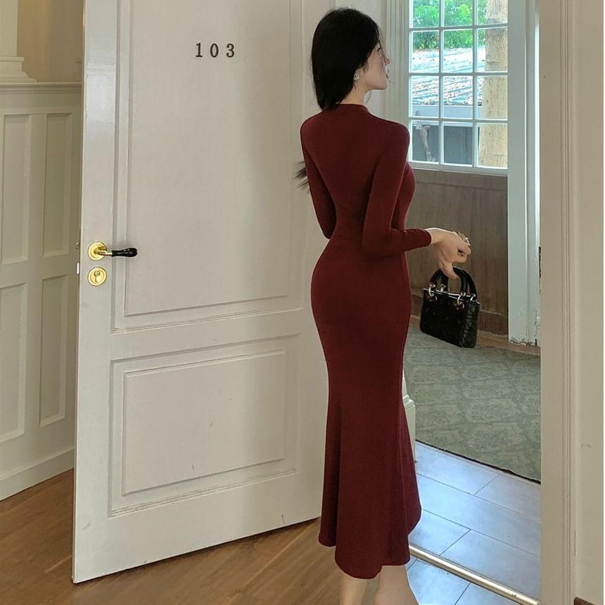 Long-Sleeve Mock Neck Plain Midi Sheath Dress Product Image